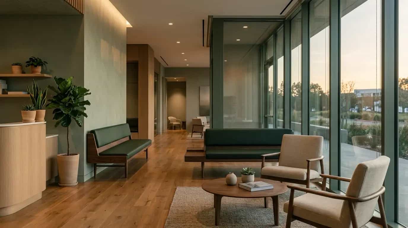 Modern medical clinic interior at dusk: warm light through floor-to-ceiling windows, clean empty waiting area with wooden accents and plants