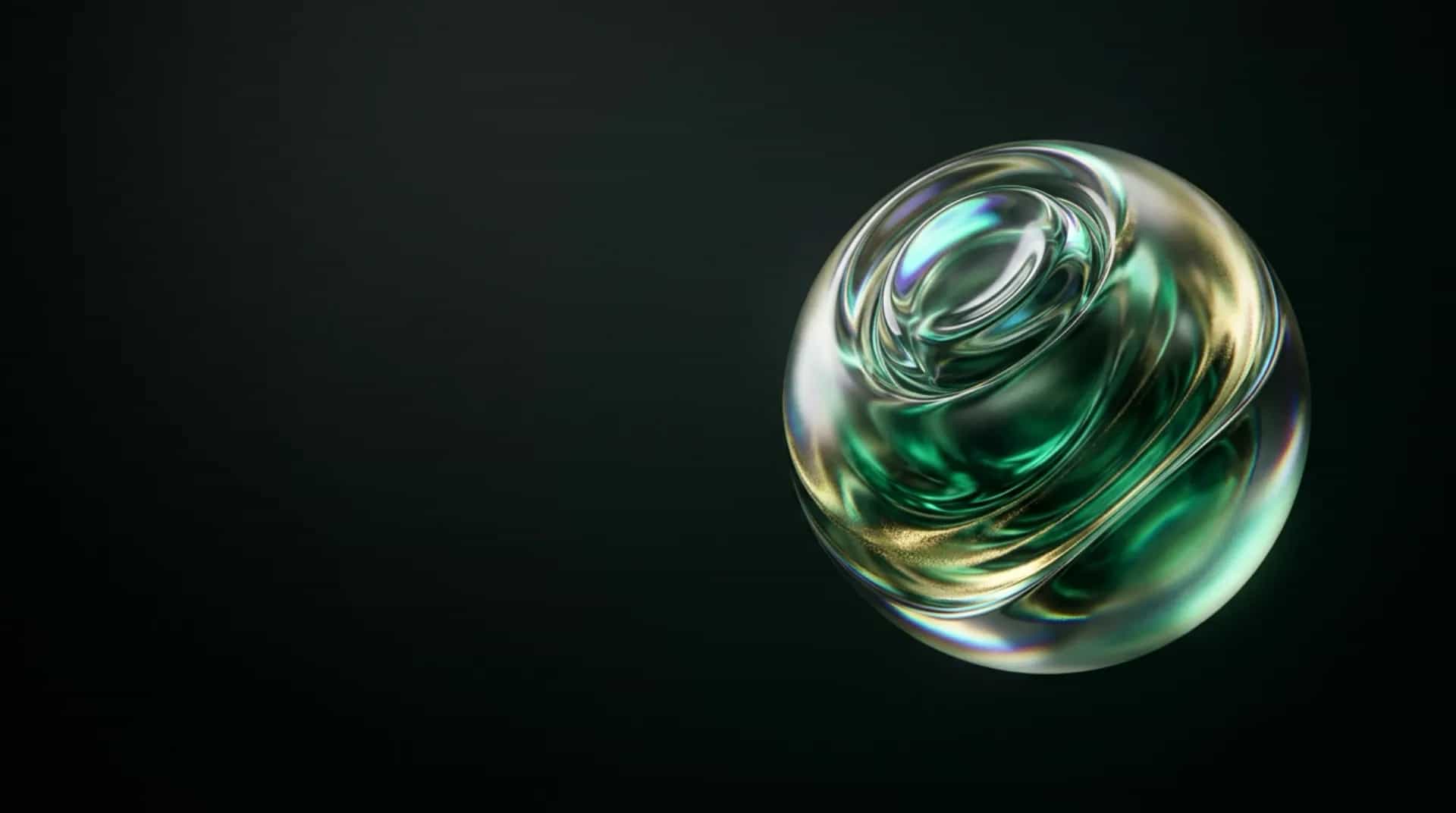 Abstract fractal-glass artwork of translucent emerald and amber forms looping back on themselves like a closed revenue circuit, catching thin lines of light on a dark background