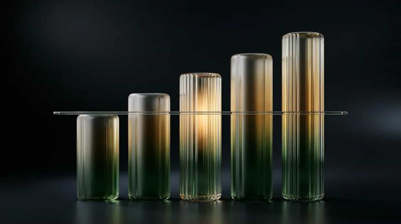 Abstract glass artwork: five graduated fluted-glass columns rising left to right like a bar chart cut from solid glass, a fine horizontal rule passing through them, in deep forest green shifting to warm amber and gold