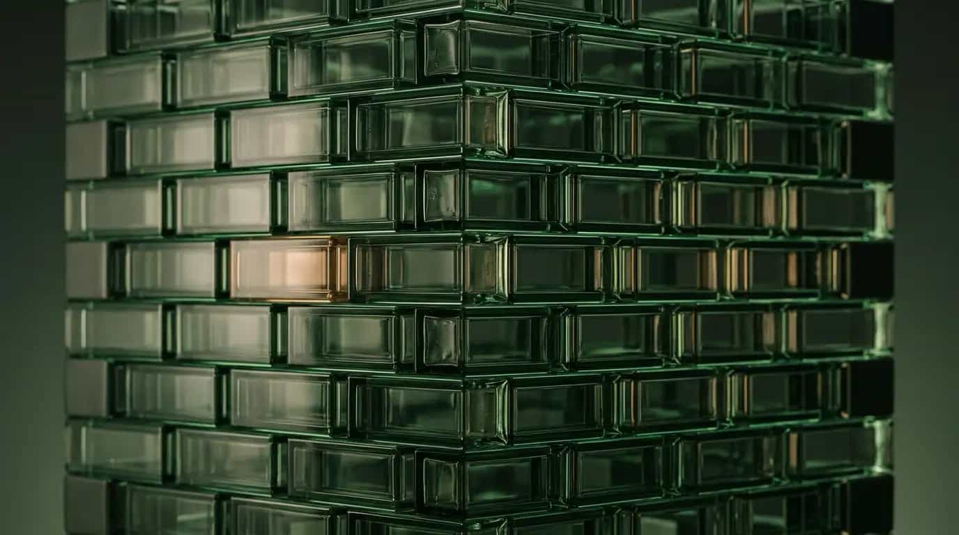 Abstract artwork of interlocking rectangular glass blocks forming a precise three-dimensional lattice, their edges catching thin lines of emerald and warm light
