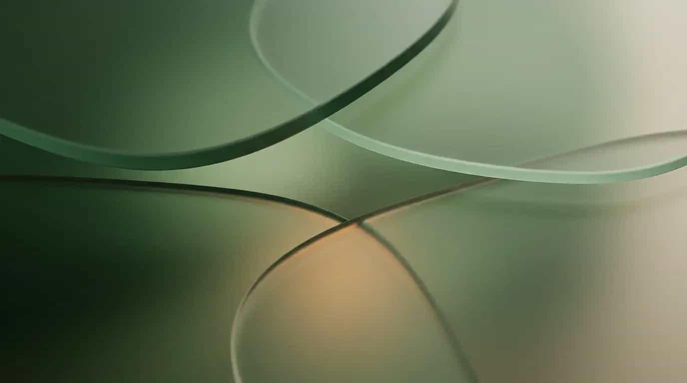 Abstract artwork of soft frosted-glass forms with gently curved edges, rounded translucent shapes overlapping without sharp corners and diffusing even warm light