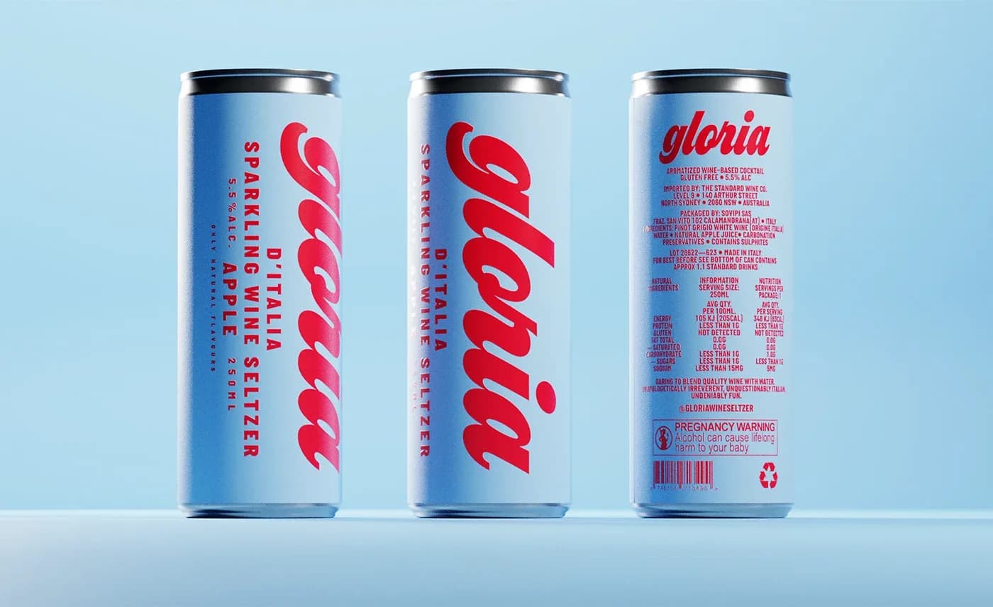 Gloria sparkling wine seltzer cans arranged on a pale blue ground