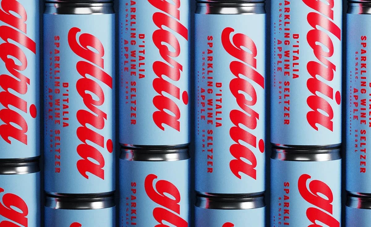 Rows of pale blue Gloria sparkling wine seltzer cans with the red script wordmark