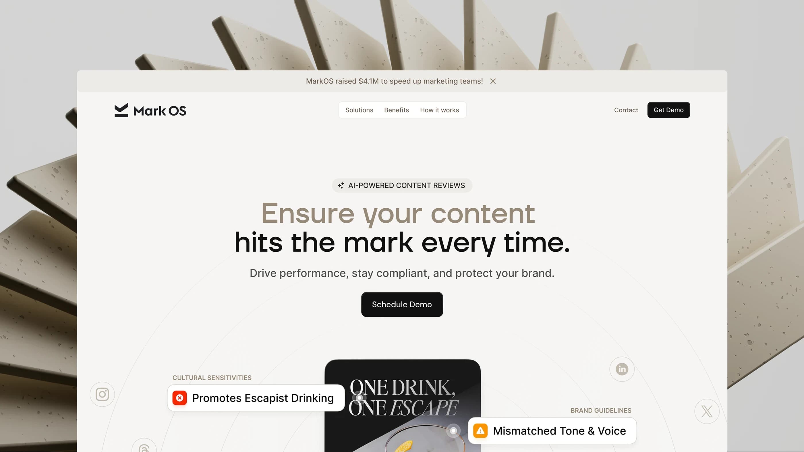The Mark OS homepage: the headline "Ensure your content hits the mark every time" over a sculpted 3D backdrop, with live compliance flags surfacing around a real drinks ad