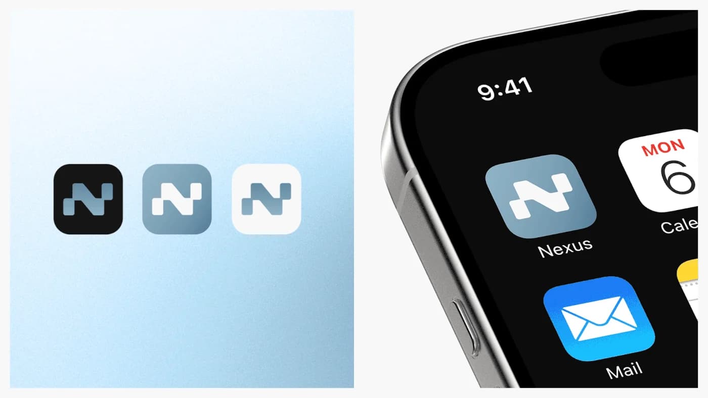 Three Nexus app icon treatments — dark, mid-blue and pale — beside the icon in place on an iPhone home screen