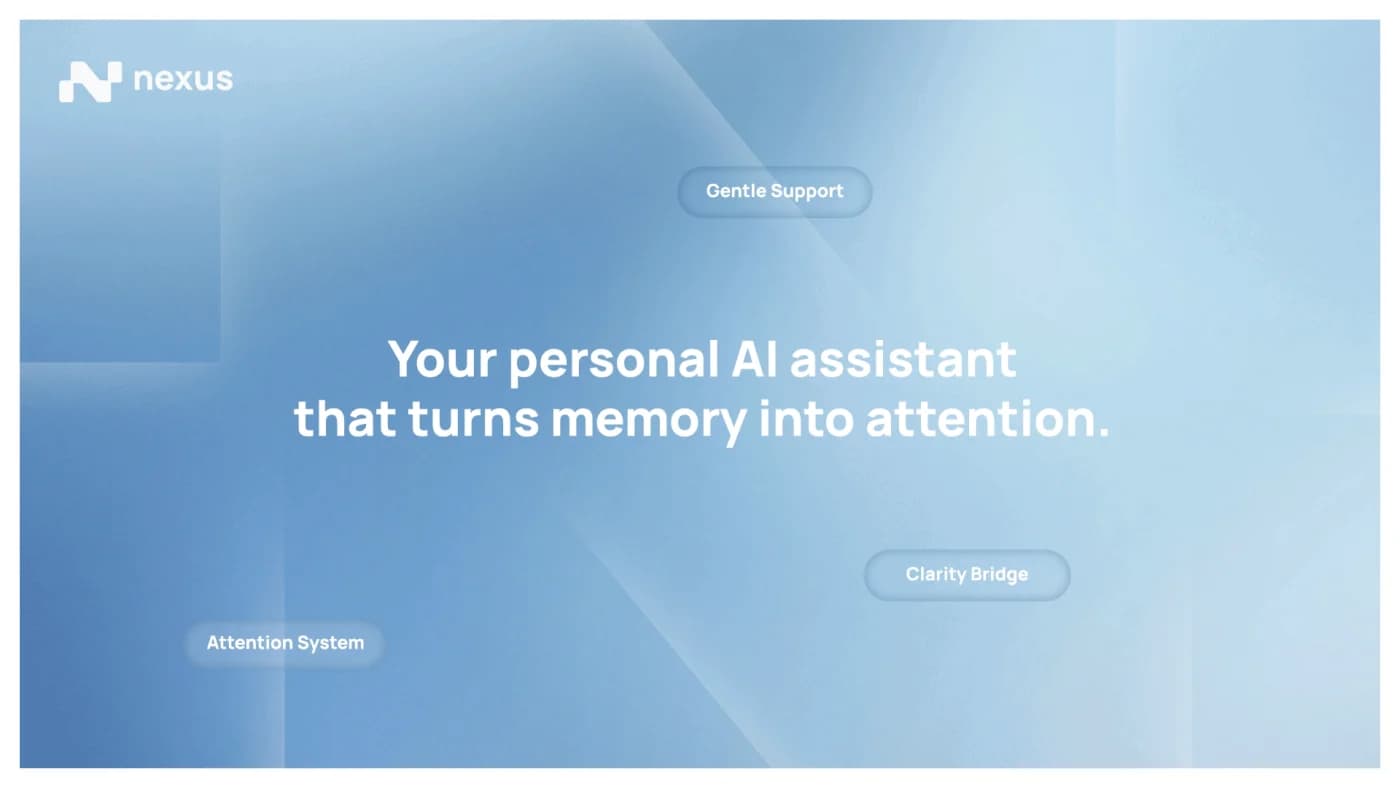 The Nexus brand: a pale blue glass field carrying the line “Your personal AI assistant that turns memory into attention”, with Gentle Support, Clarity Bridge and Attention System floating as soft pills around it