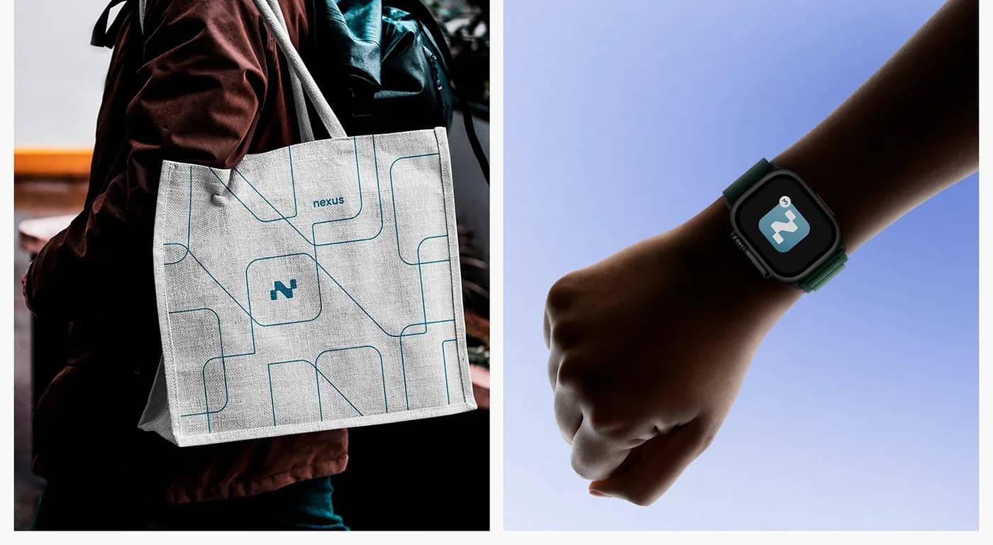 A canvas tote printed with the Nexus line pattern carried over a shoulder, beside the Nexus app icon on a smartwatch face