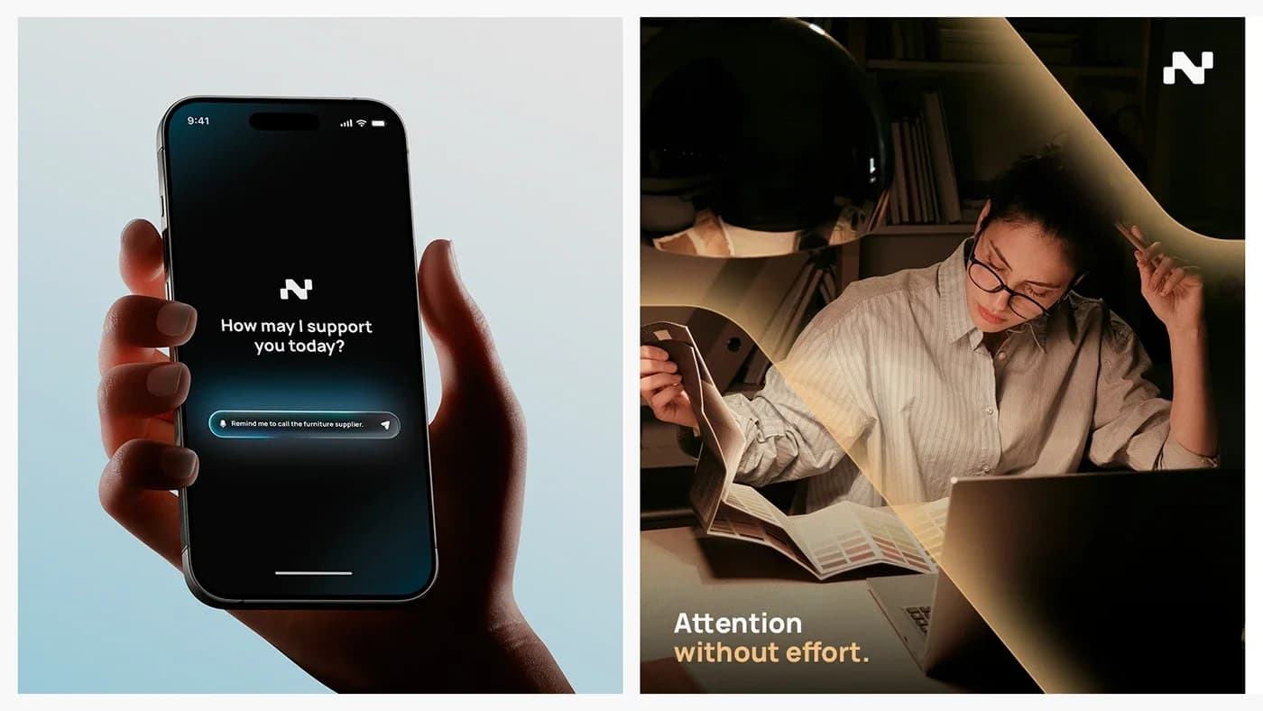 The Nexus app open in a hand asking “How may I support you today?”, beside a woman working late at a laptop under the line “Attention without effort”