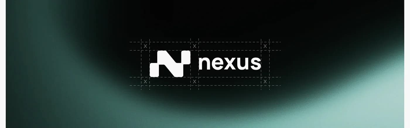 The Nexus wordmark and mark set on construction guides over a dark teal gradient