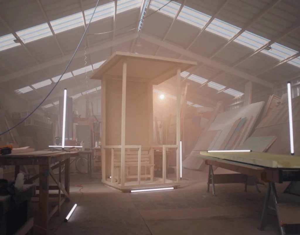 A Safety Ads lifeguard tower under construction in a daylit workshop, its timber frame standing between work benches