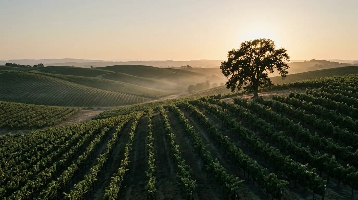 Rolling Paso Robles vineyard hills at golden hour, vine rows curving over the hills toward a lone oak tree silhouetted in warm, hazy low sun