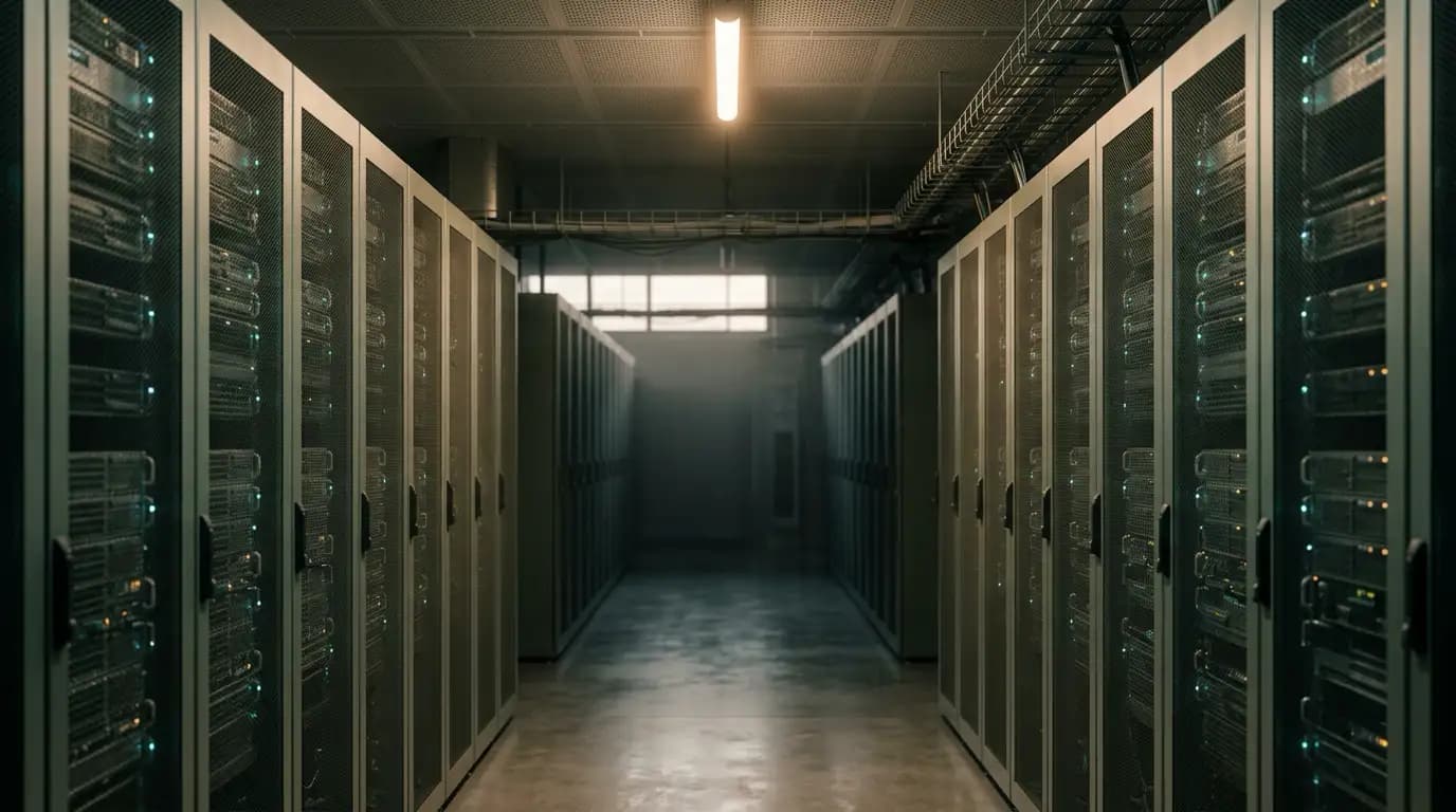 Modern data center aisle with shallow depth of field: rows of server racks with soft blue-green status glow fading into darkness, single warm light source
