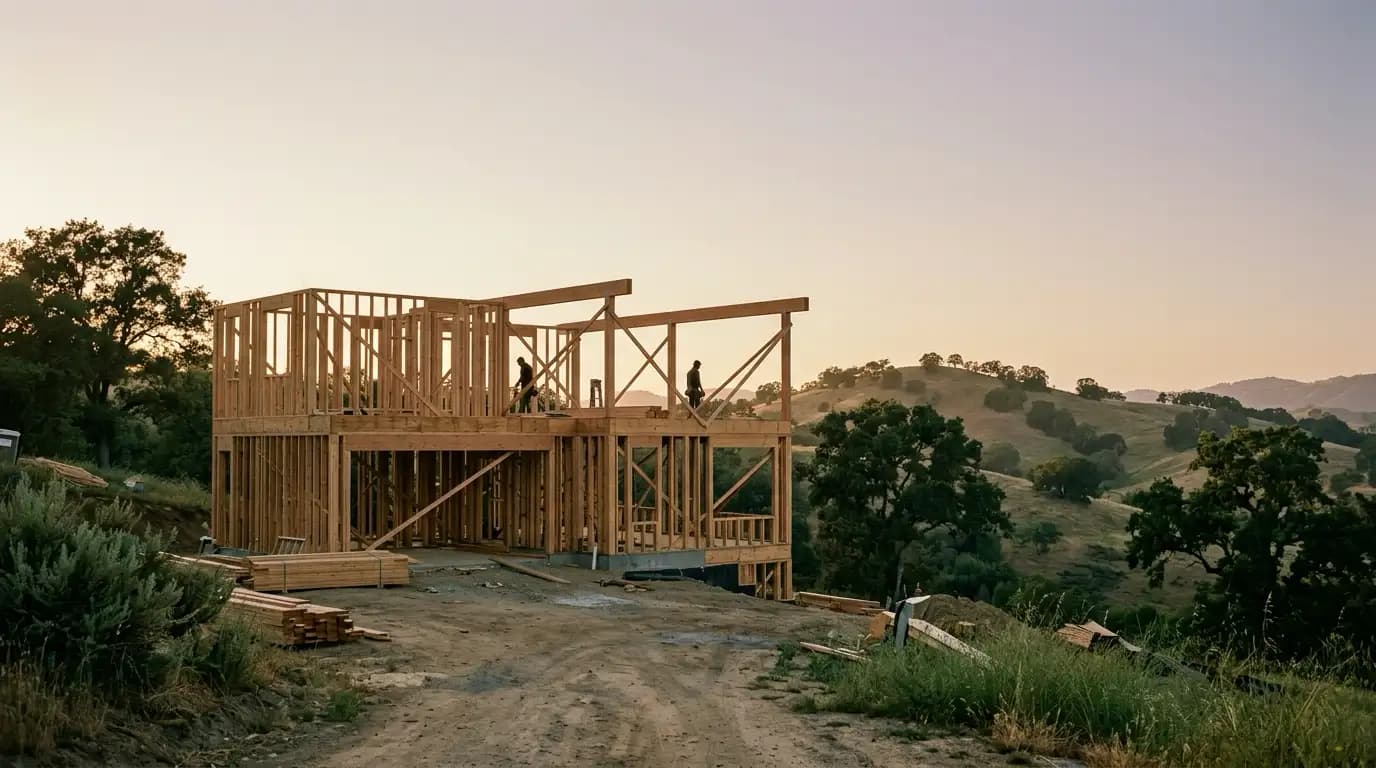 Timber framing of a new home at golden hour, with construction workers silhouetted against oak-covered hills
