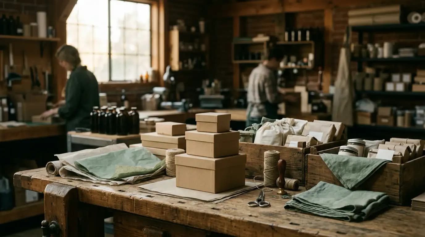 Artisan goods packing bench in warm workshop light: unlabeled kraft boxes and tissue paper, wooden crates of packaged products, small-batch craft feel