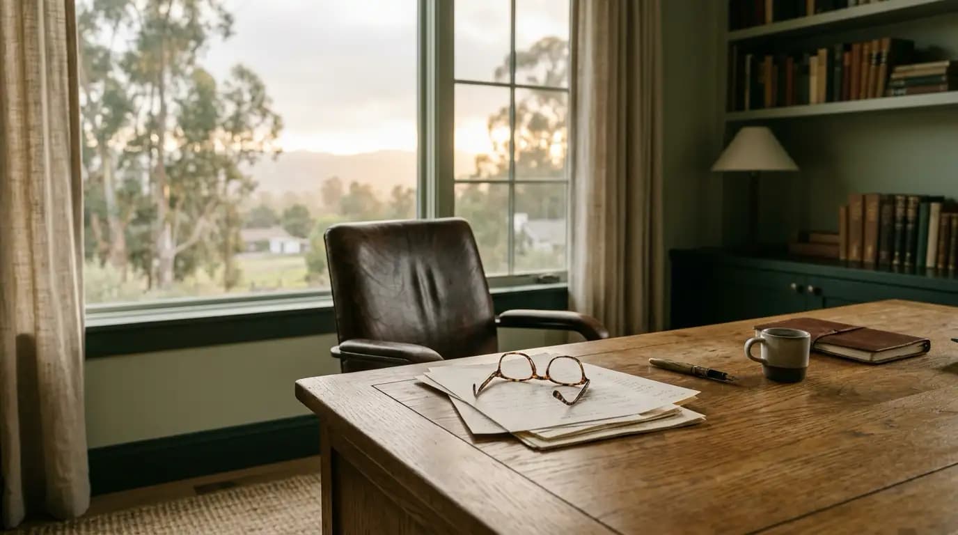 Financial advisory office desk by a window in soft afternoon light, reading glasses resting on client planning documents beside a leather chair