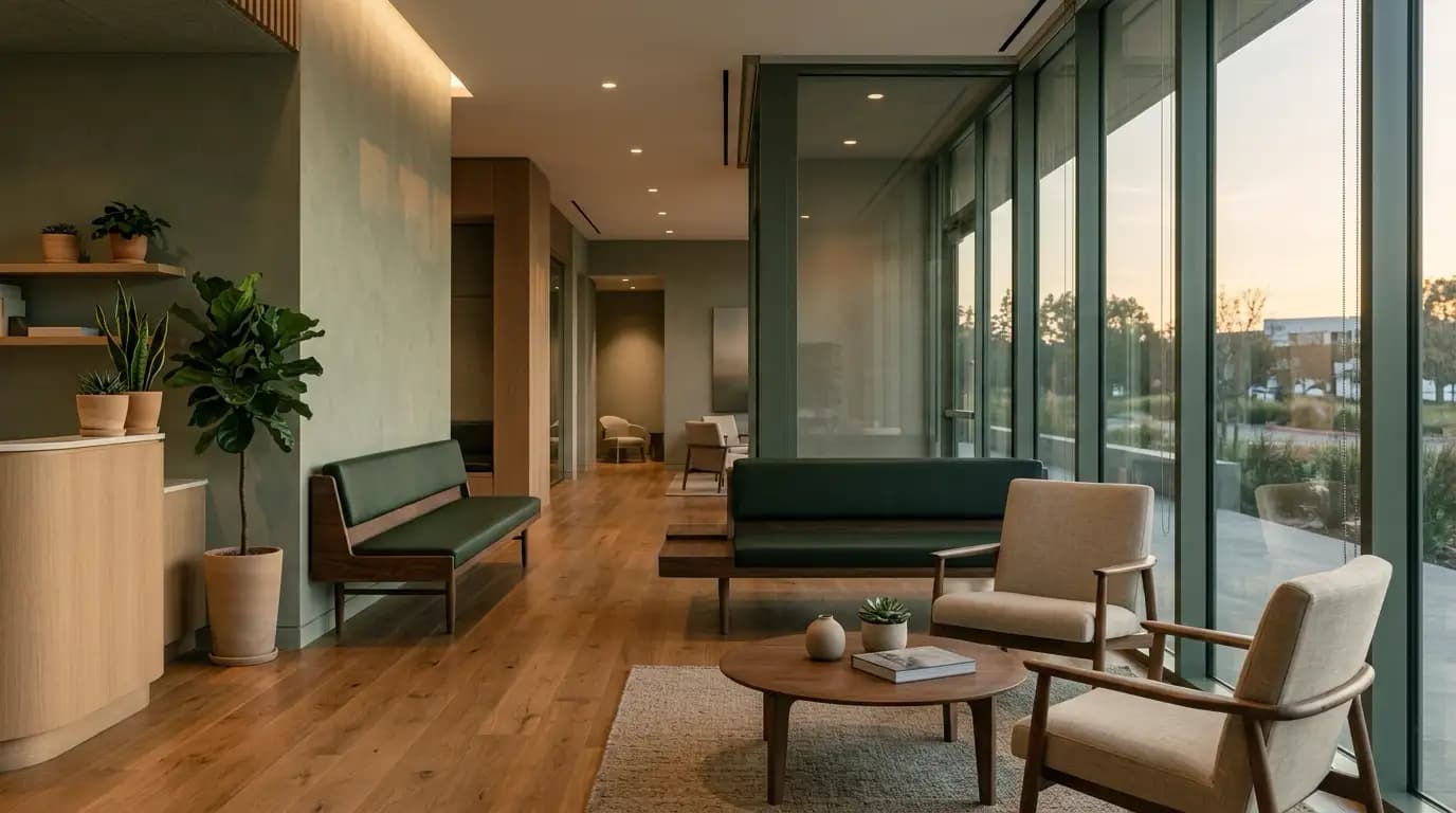 Modern medical clinic interior at dusk: warm light through floor-to-ceiling windows, clean empty waiting area with wooden accents and plants