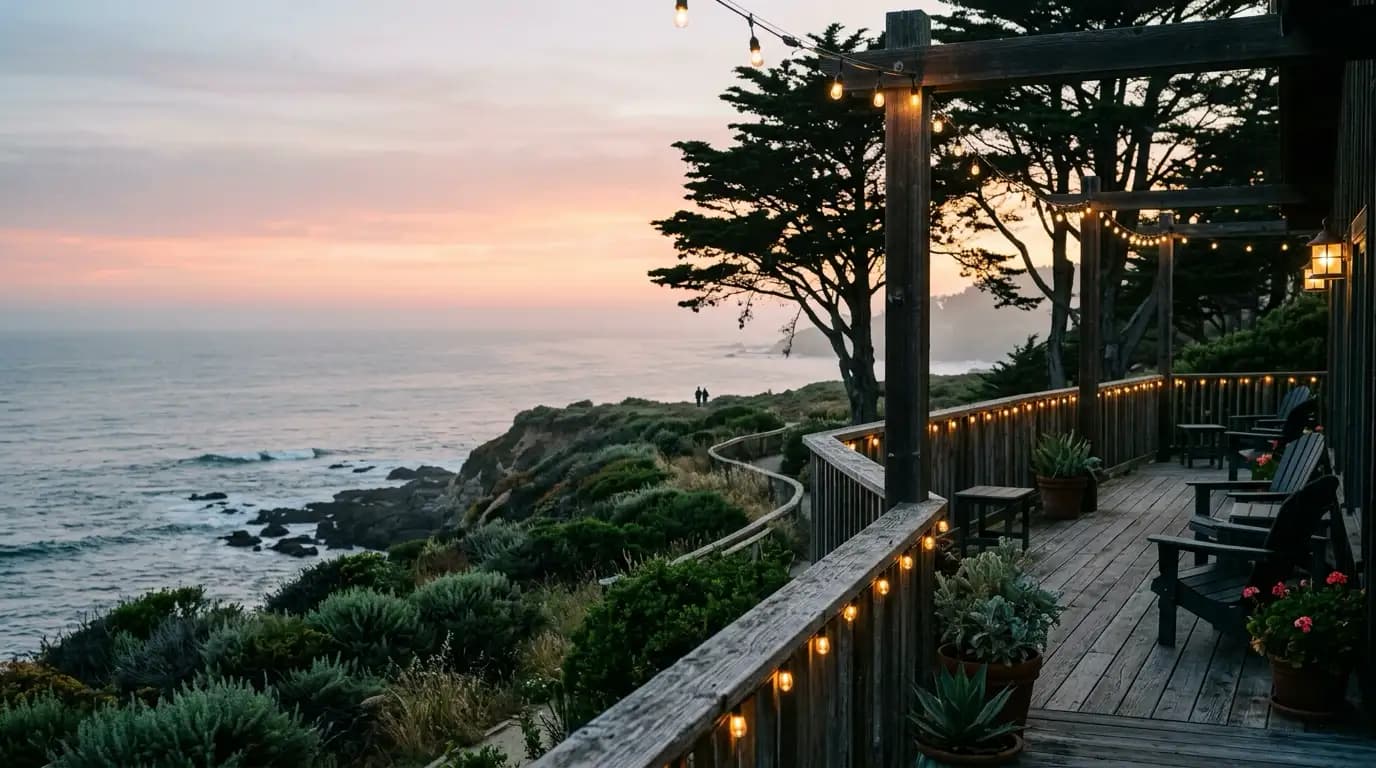 Coastal California inn terrace at dusk overlooking the Pacific: weathered wood railing, warm string lights, Monterey cypress silhouettes, ocean haze