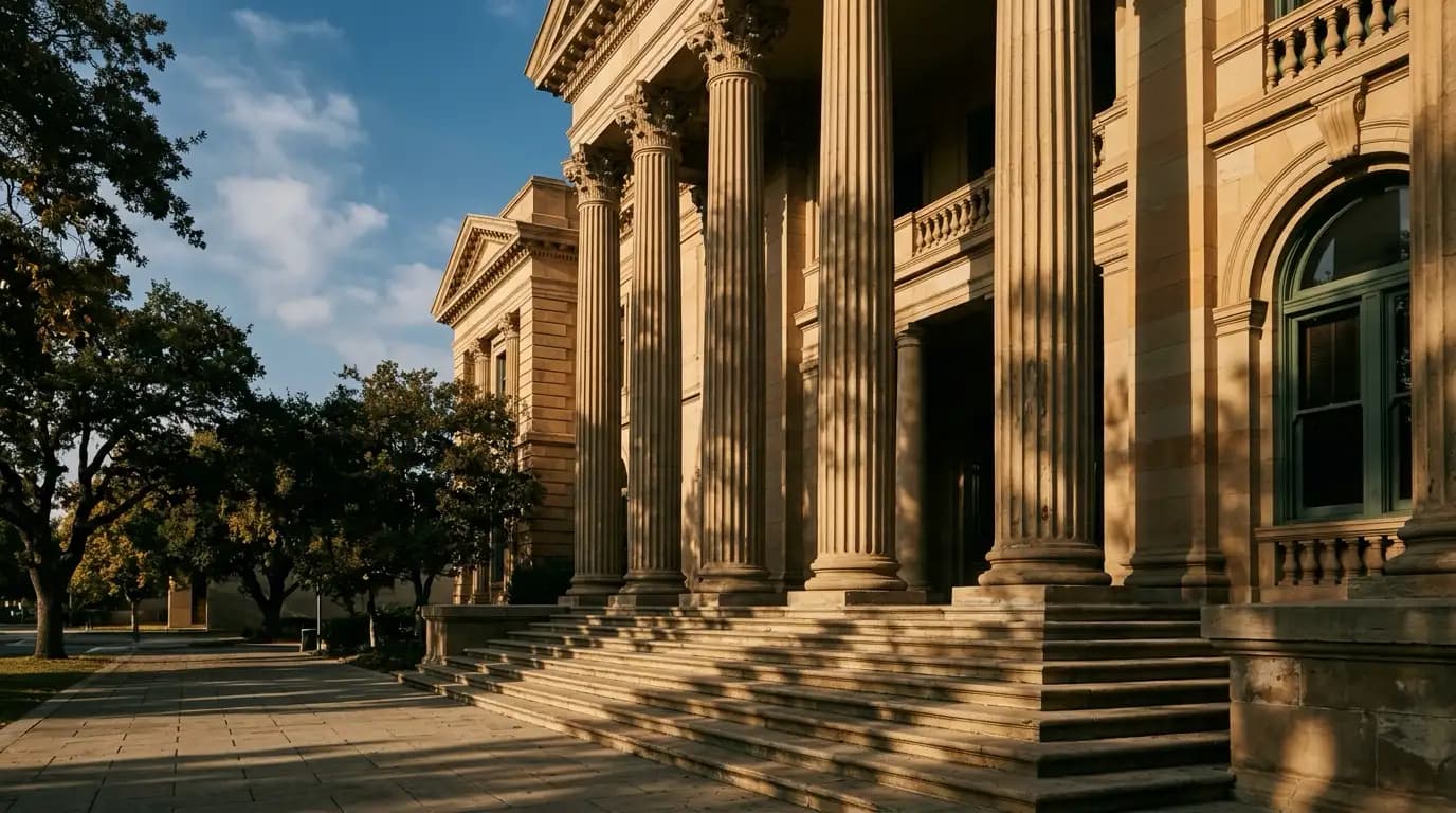 Classical courthouse architecture detail in warm afternoon light: sandstone columns and steps, long dramatic shadows, deep blue sky