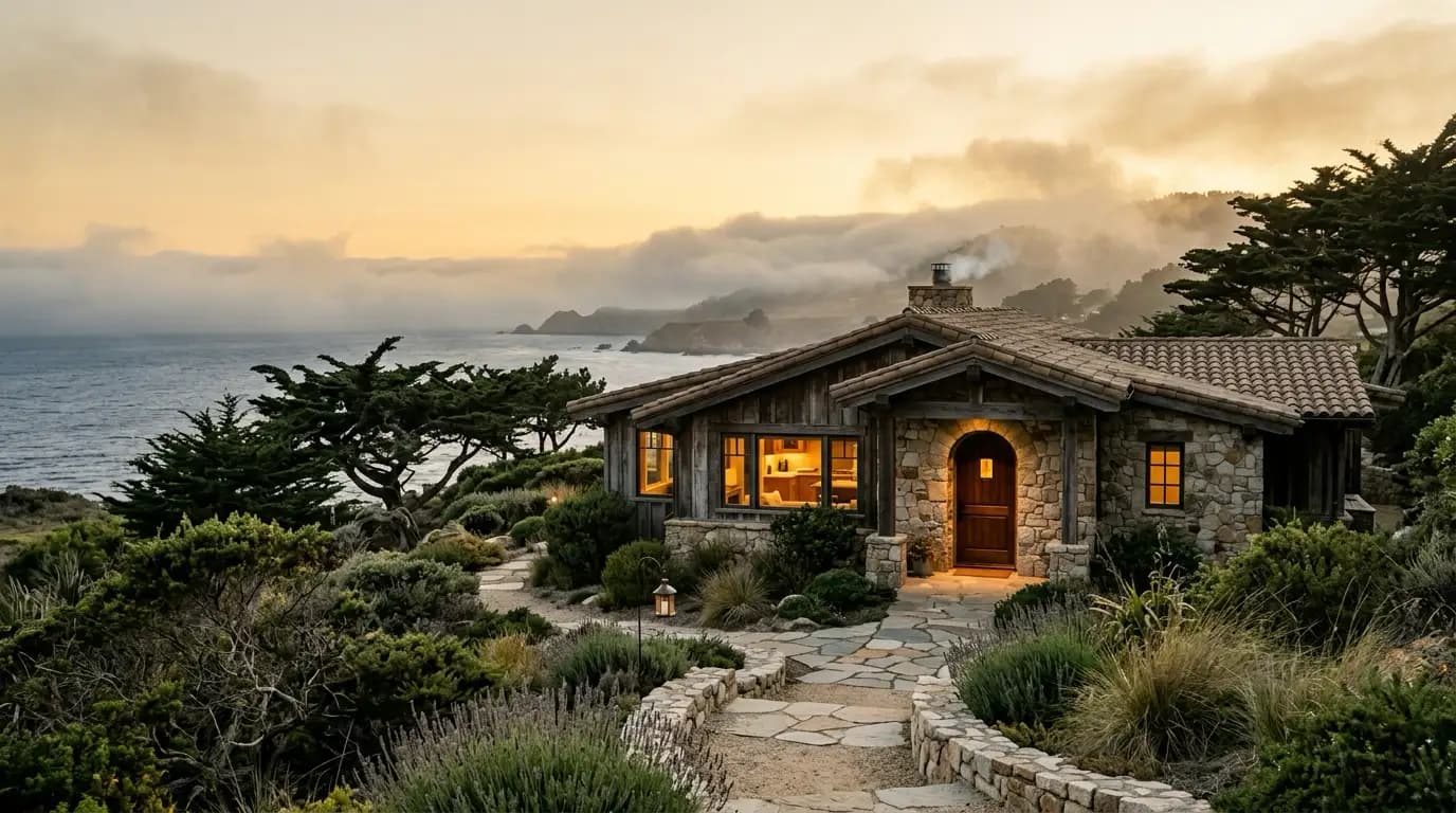 Carmel-style coastal California home exterior at golden hour: stone and timber facade, cypress trees, warm interior lights, ocean fog rolling in behind
