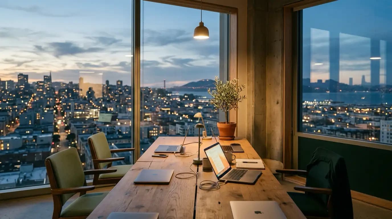 Minimal modern workspace at dusk: long shared desk by a floor-to-ceiling window over a city, one laptop open glowing softly, warm and blue balanced
