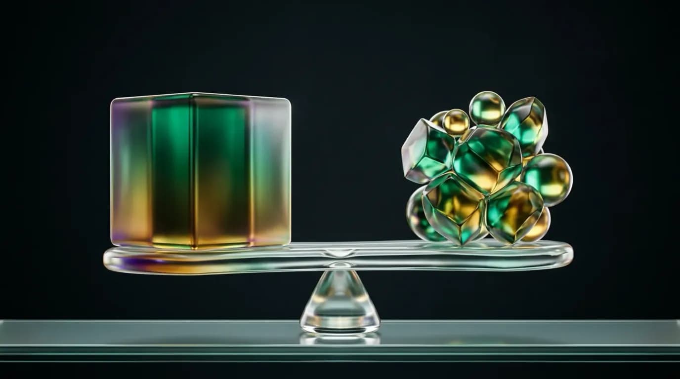 Abstract glass artwork: two interlocking translucent green and amber forms balanced against each other, suggesting a weighed decision between two options