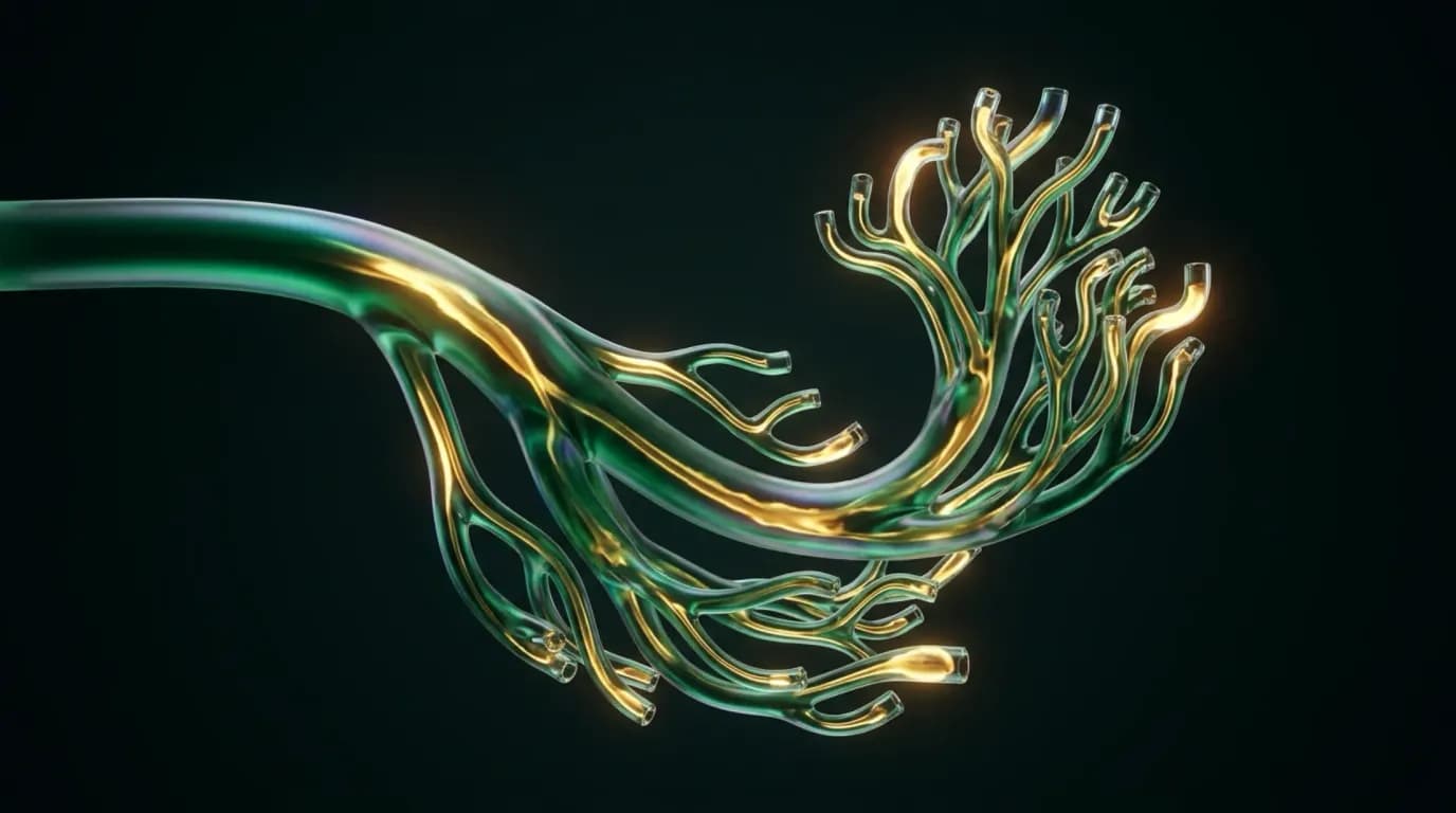 Abstract liquid-glass render: a single glass conduit branching into dozens of smaller emerald-and-gold tubes, each ending in an open, lit tip, on a near-black background.