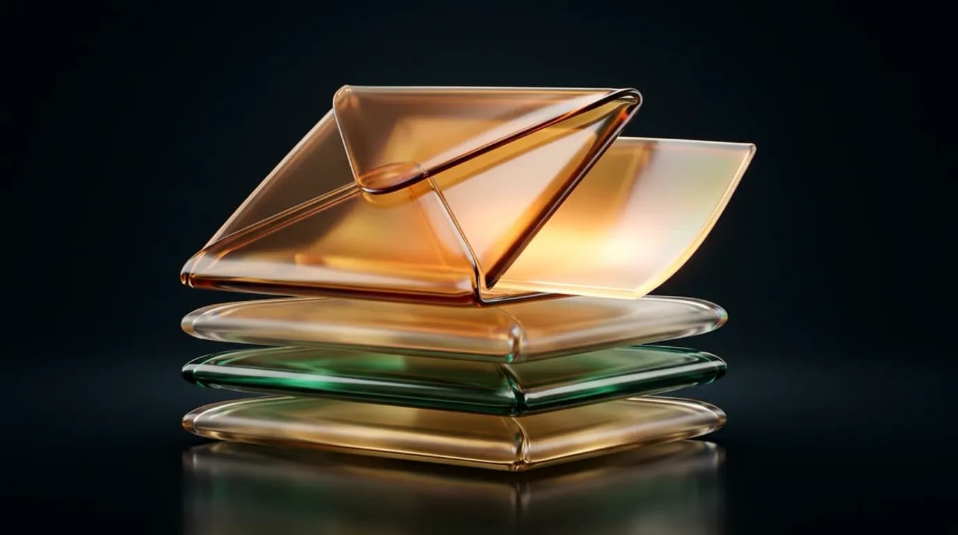 Abstract liquid-glass render: an amber glass envelope with its flap lifted open, resting on a stack of three rounded glass trays tinted gold and emerald, on a near-black background.