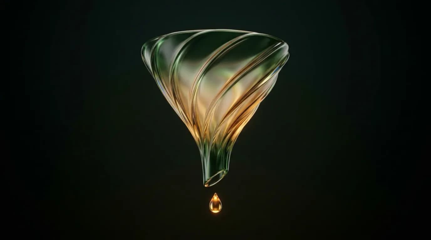 Abstract glass artwork: a sculpted translucent glass funnel with curved fluted vanes, deep forest green at the rim shifting to amber and gold at the spout, a single glowing gold droplet suspended beneath it