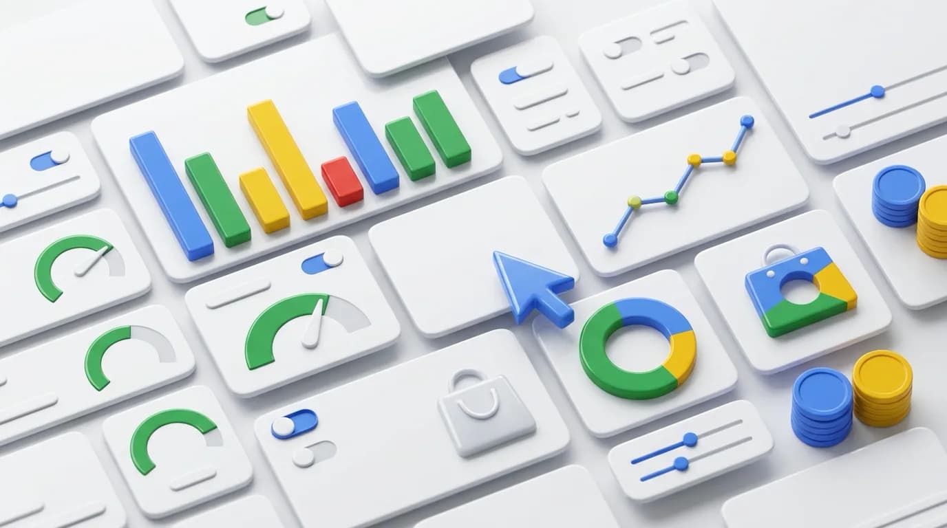 3D illustration in the Google Ads style: white dashboard cards with bar and line charts, gauges, coin stacks, and a blue cursor arrow.