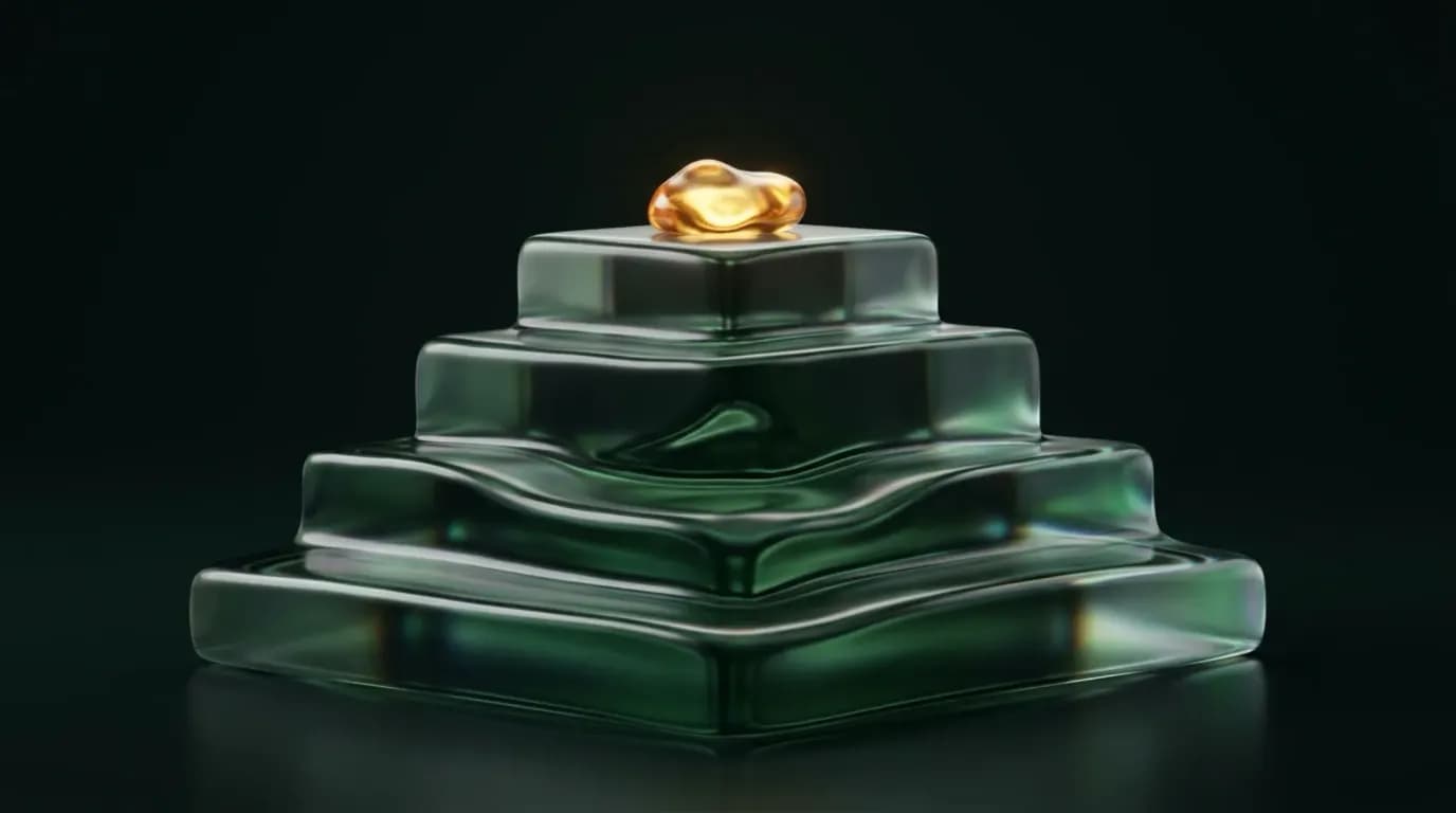 Abstract liquid-glass render: a four-tier stack of thick forest-green glass steps rising like a podium, with a small glowing molten-gold glass form resting on the top step, on a near-black background.