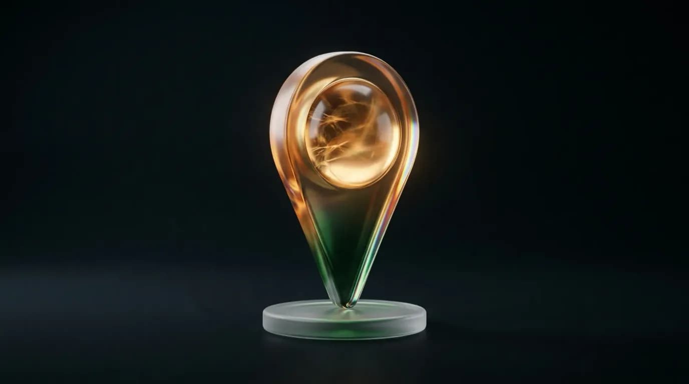 Abstract glass artwork: angled translucent green and amber panels stacked like a funnel narrowing toward a single bright point