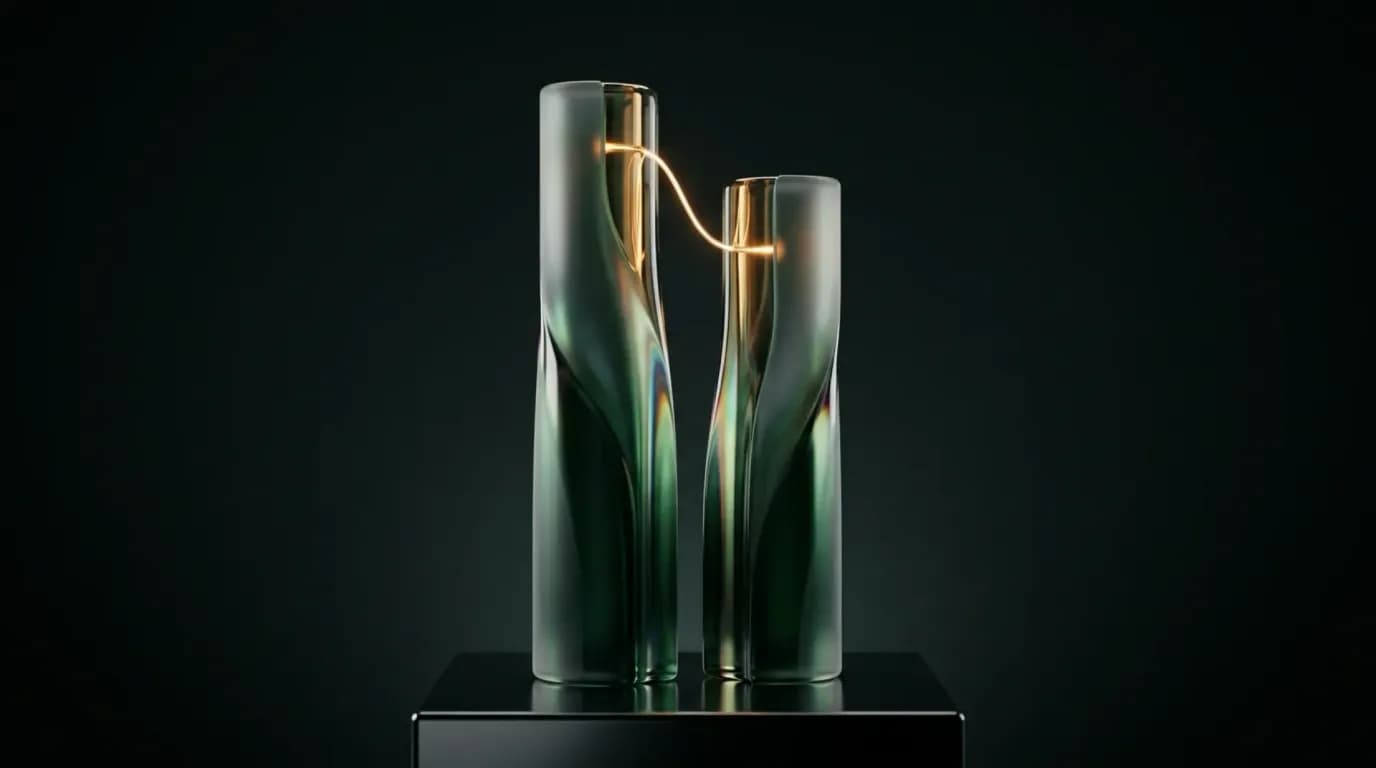 Abstract liquid-glass render: two tall emerald glass columns of almost equal height on a dark plinth, one taller than the other, the gap between their tops bridged by a thin filament of gold light.