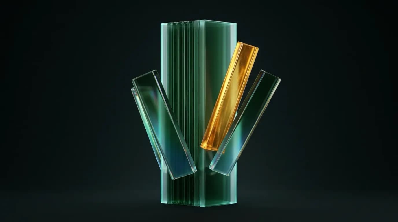 Abstract liquid-glass render: a column of stacked deep-green glass slats with three slats slipped loose and fanned out at broken angles, one of them molten gold, on a near-black background.