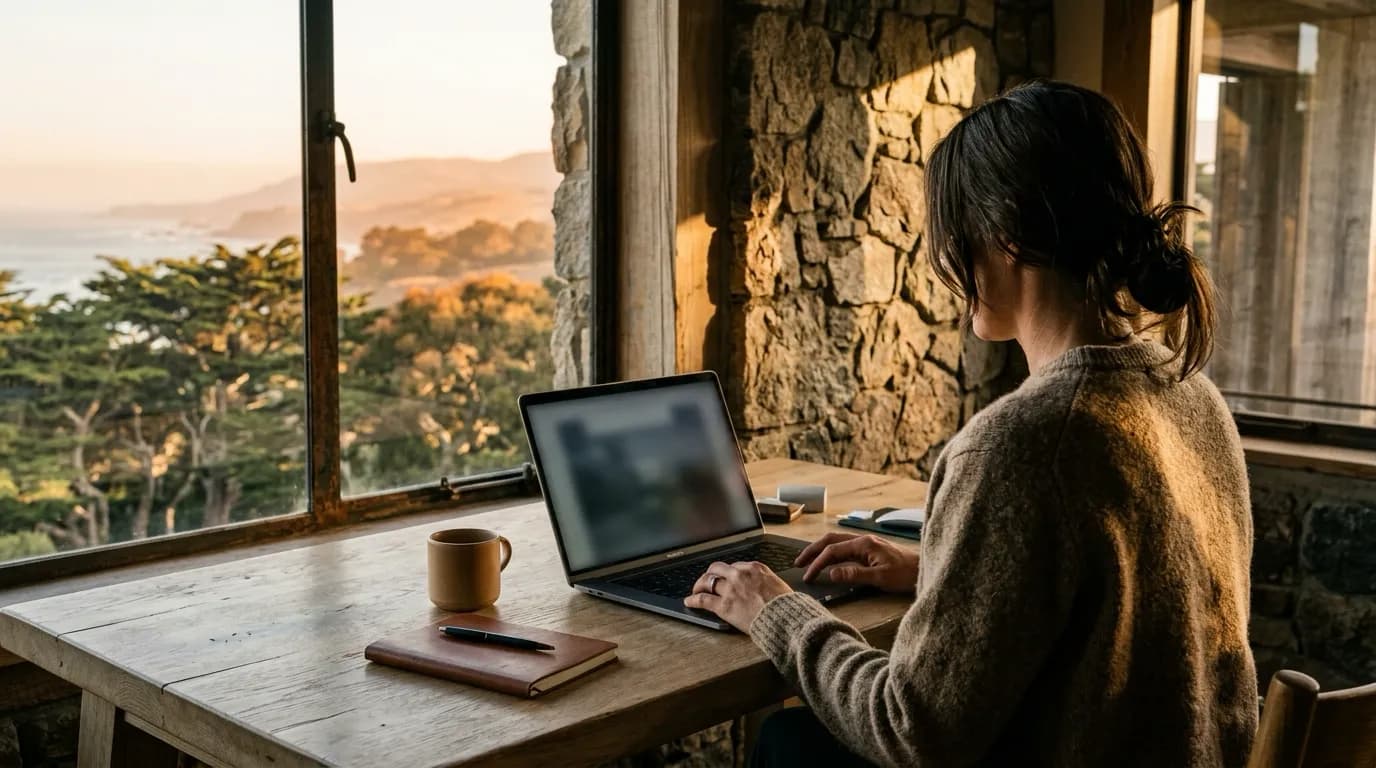 A real estate agent working at a laptop on a timber desk, cypress and the Pacific visible through the window in late-afternoon light