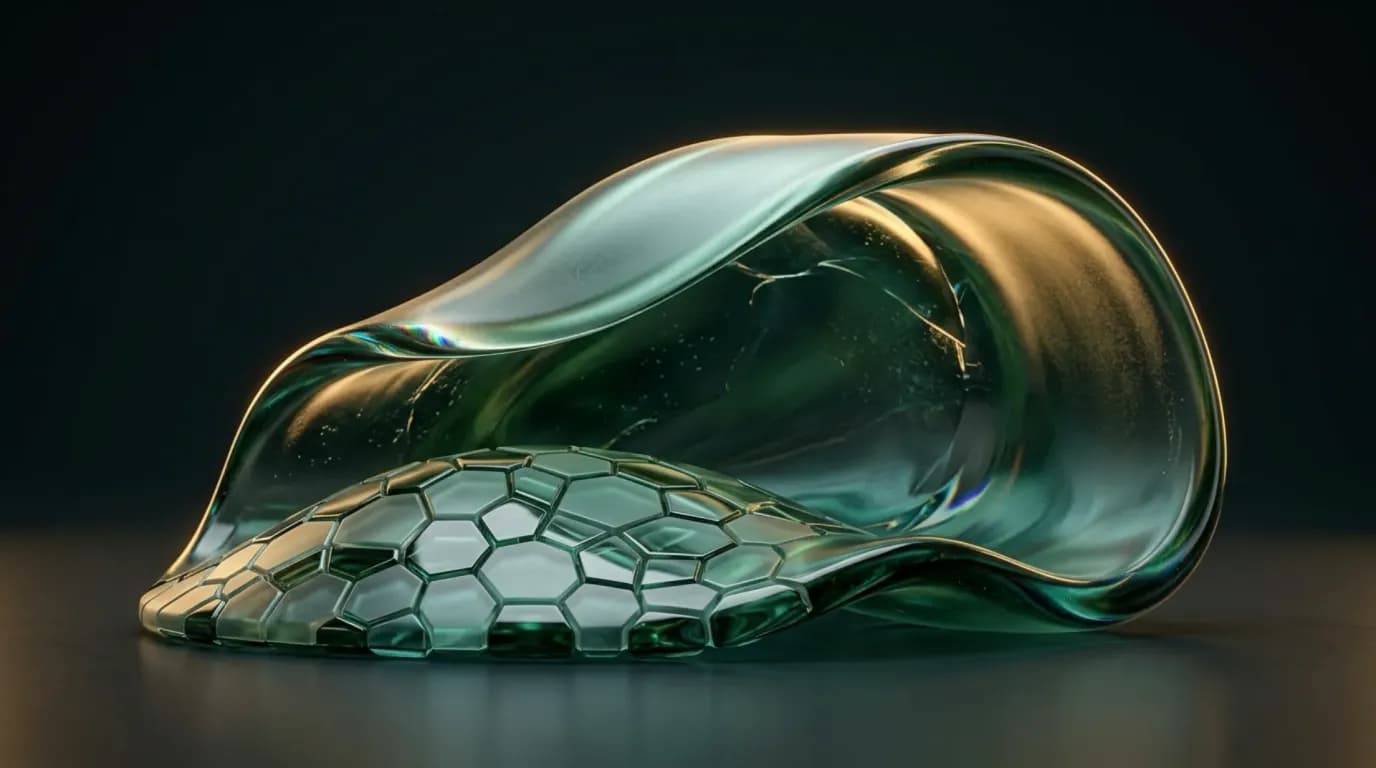 Abstract liquid-glass render: a sweeping emerald-and-gold glass shell curling protectively over a honeycomb-patterned glass dome, on a near-black background.