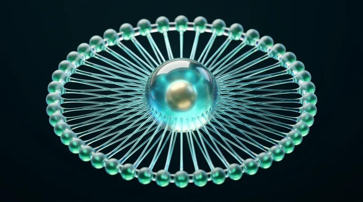 Abstract liquid-glass render: a wide glass wheel whose aqua spokes run from a rim of small green glass beads into a central teal orb holding a gold core, on a near-black background.