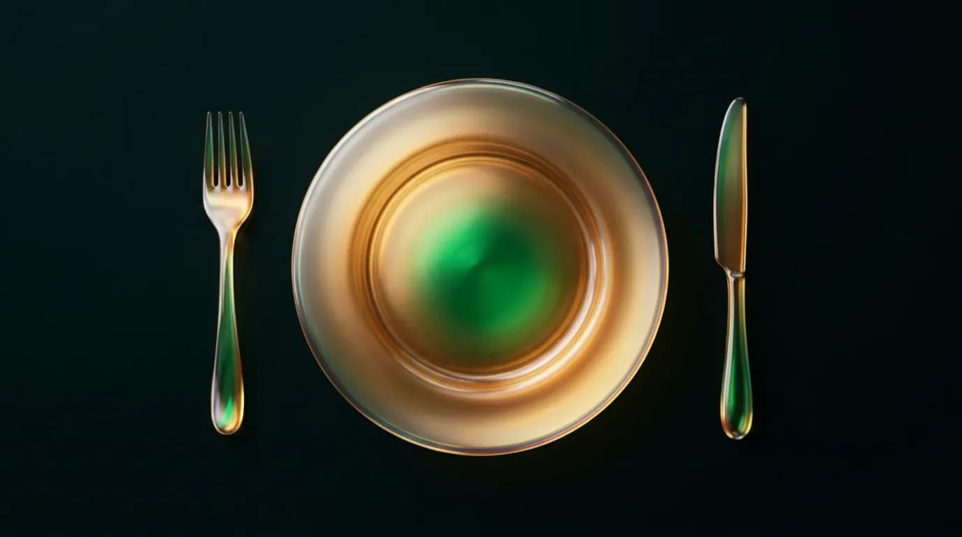 Abstract glass artwork: warm amber and deep green translucent forms folded like a stack of plated layers, suggesting a service pass viewed through frosted glass
