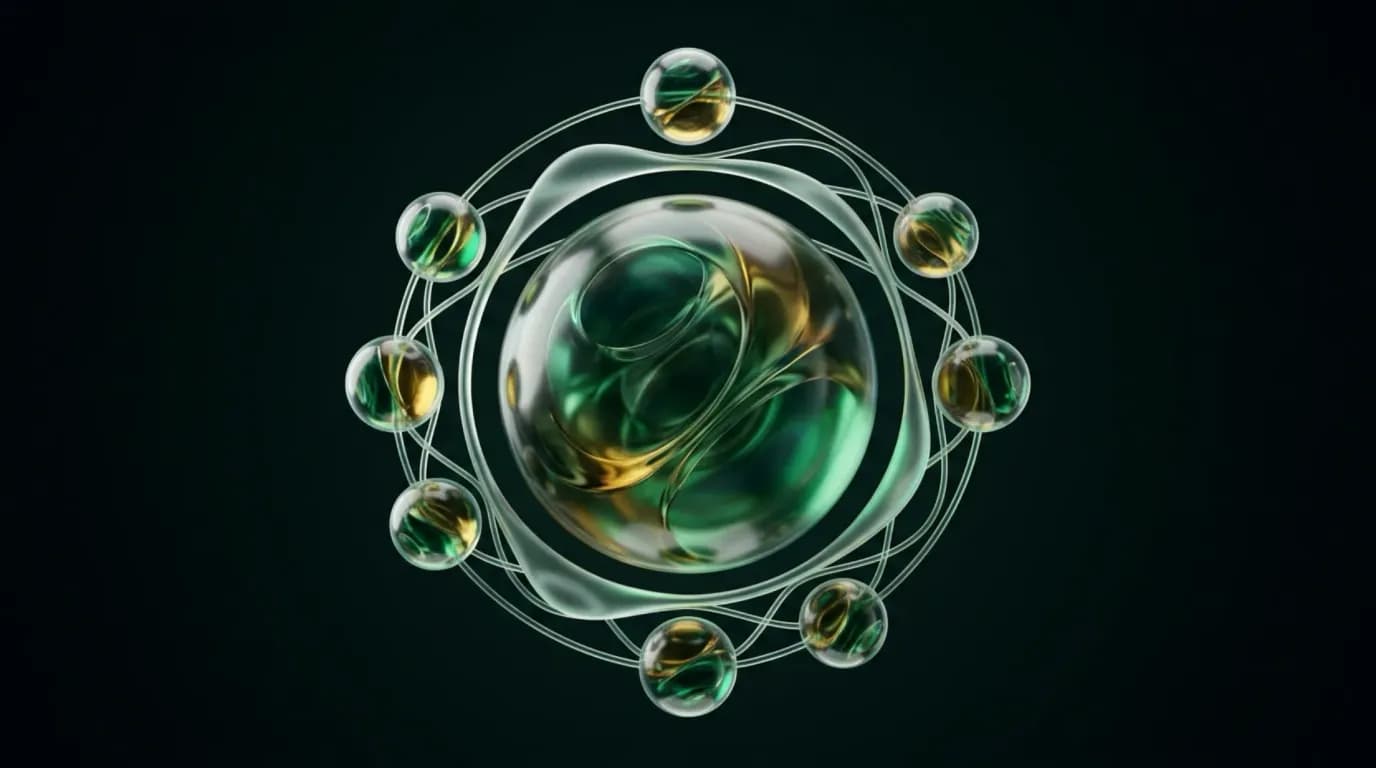 Abstract liquid-glass render: a large translucent green-and-gold glass orb at the center, ringed by eight smaller glass spheres traveling on thin orbital glass filaments, on a near-black background.