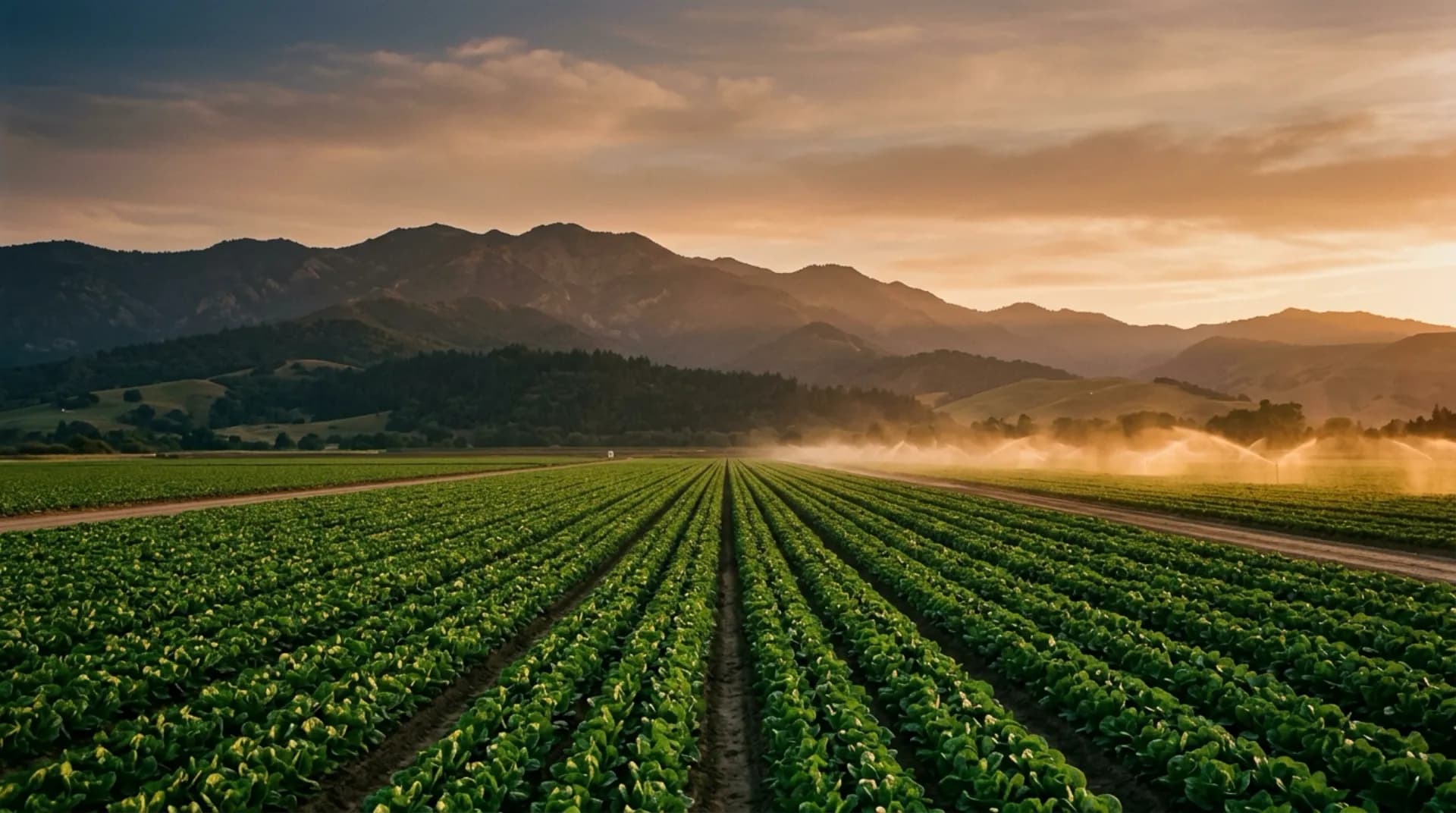 Row crops on the Salinas Valley floor at first light