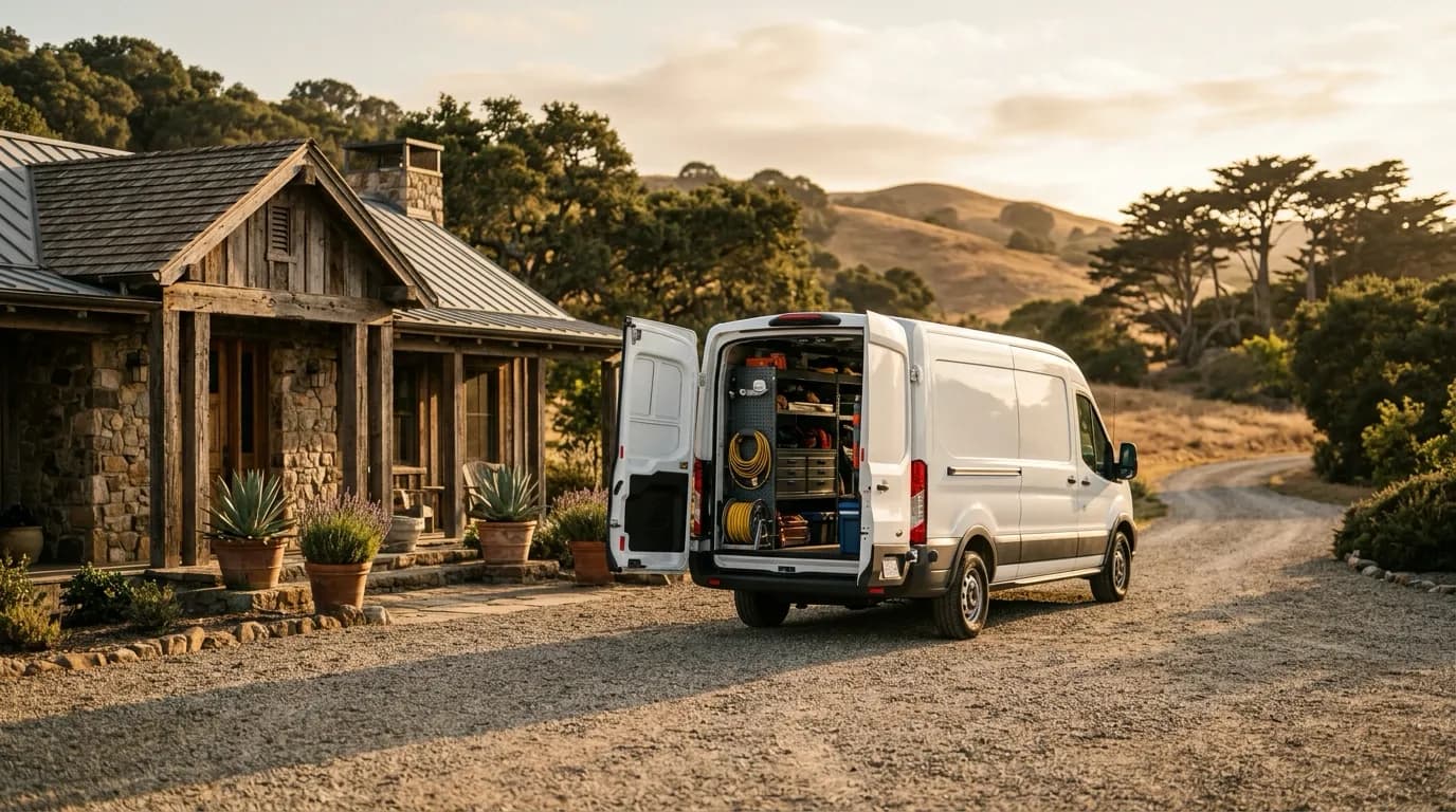 A white service van with its rear doors open on a gravel drive at golden hour, shelves of equipment inside
