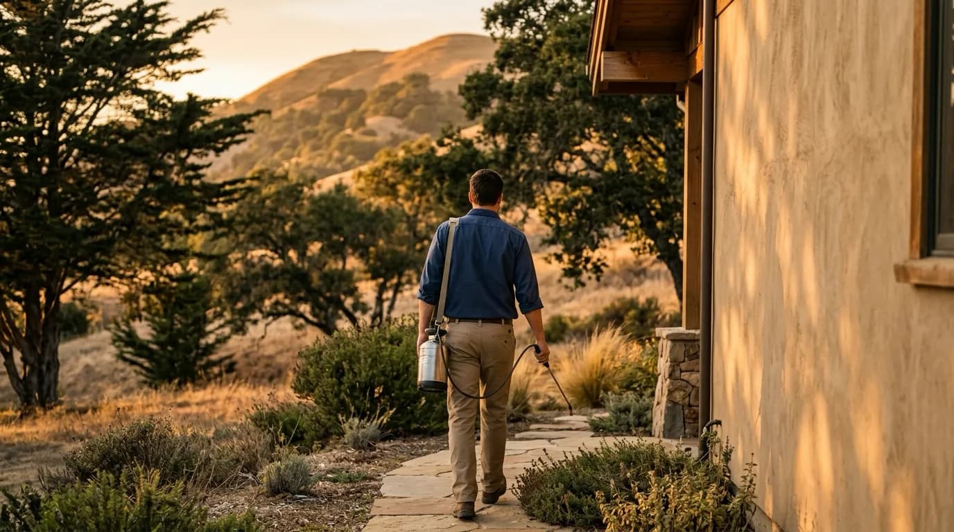 A pest control technician carrying a sprayer along a flagstone path beside a house at sunset
