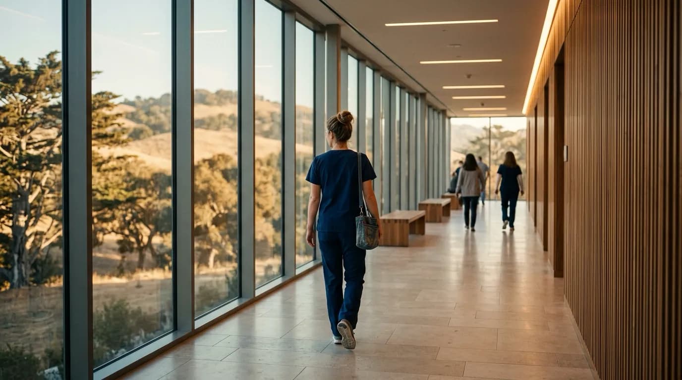 A nurse walking a sunlit hospital corridor above the oak hills of the Salinas Valley — the Central Coast health system Machina grew 631% in organic traffic