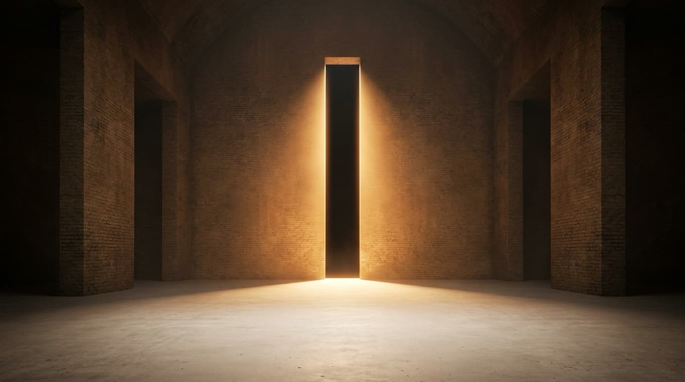 A tall shaft of warm light opening in the wall of a dark brick hall