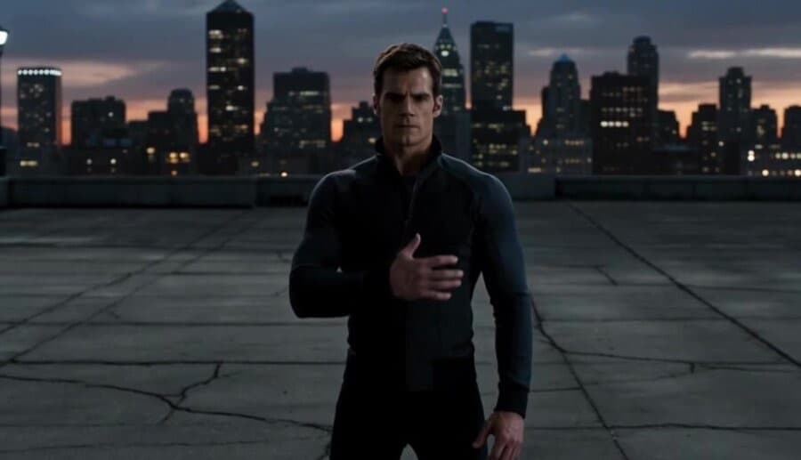 A figure on a rooftop against a city skyline at dusk