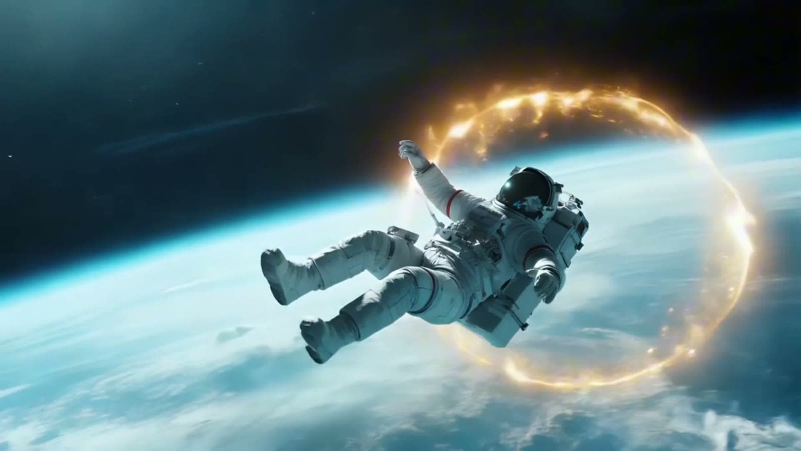 An astronaut adrift above Earth beside a ring of light