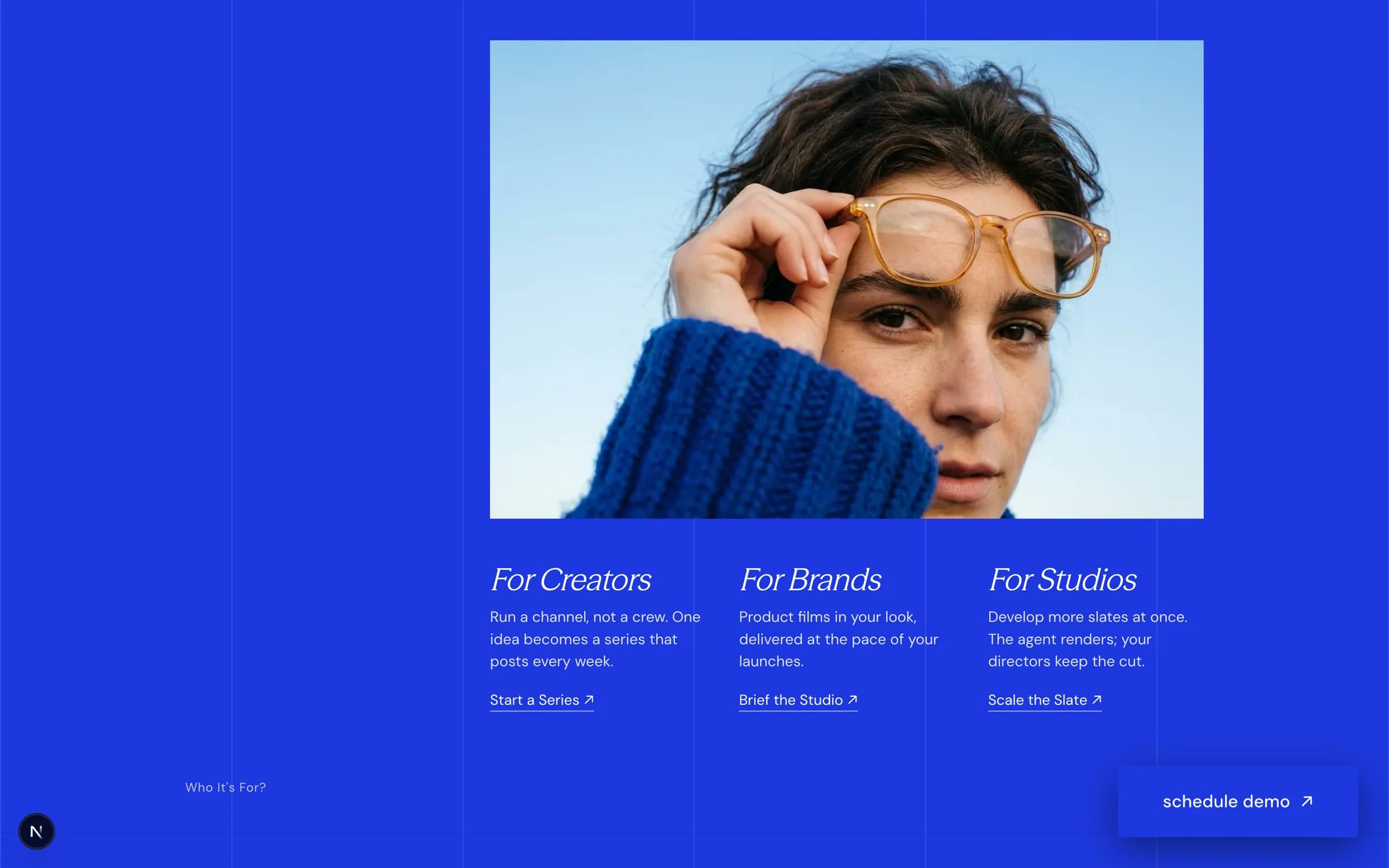 The same blue panel further down, split into three columns headed For Creators, For Brands and For Studios