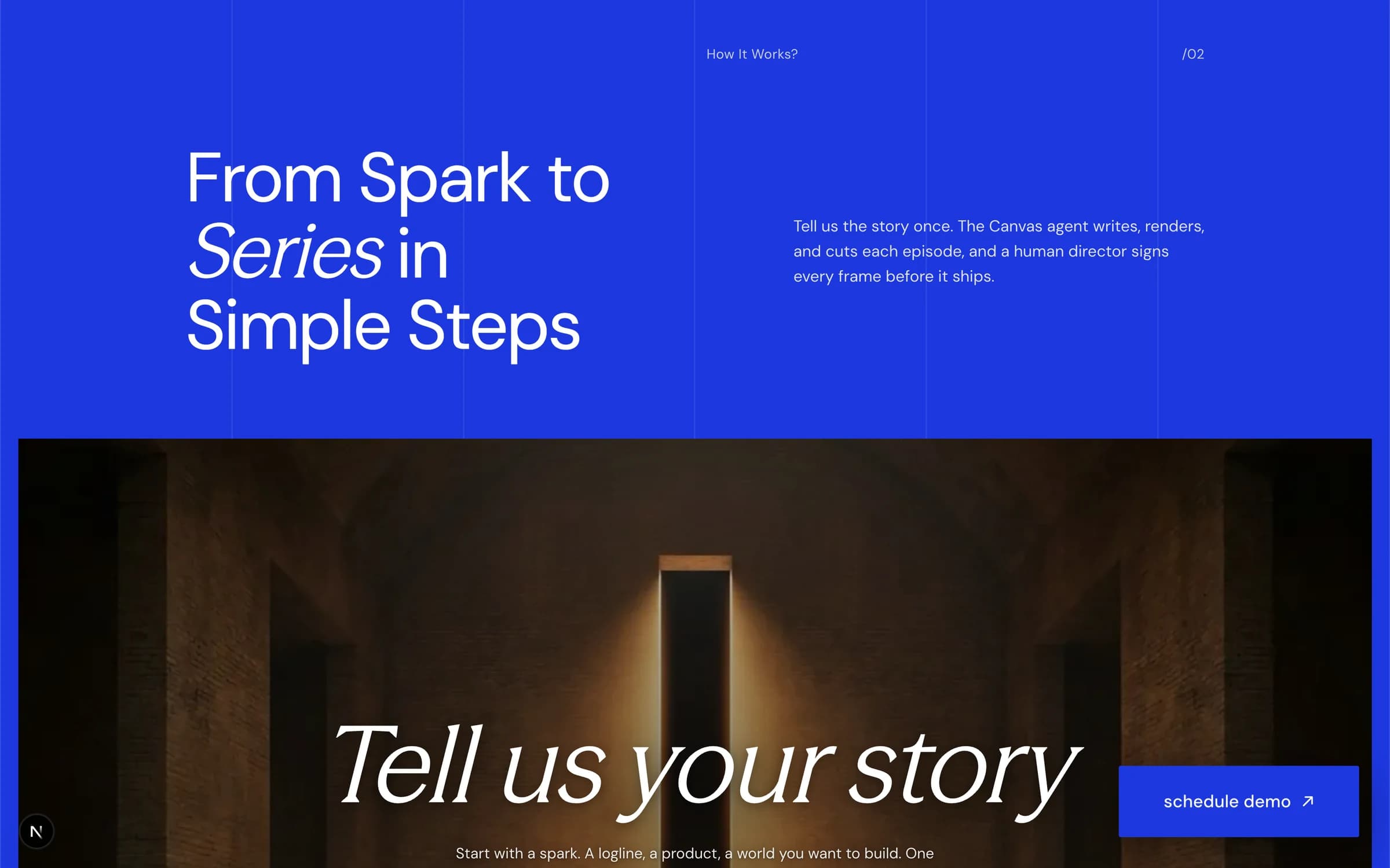 The /02 panel: a dark corridor opening onto a shaft of light, under the heading From Spark to Series in Simple Steps