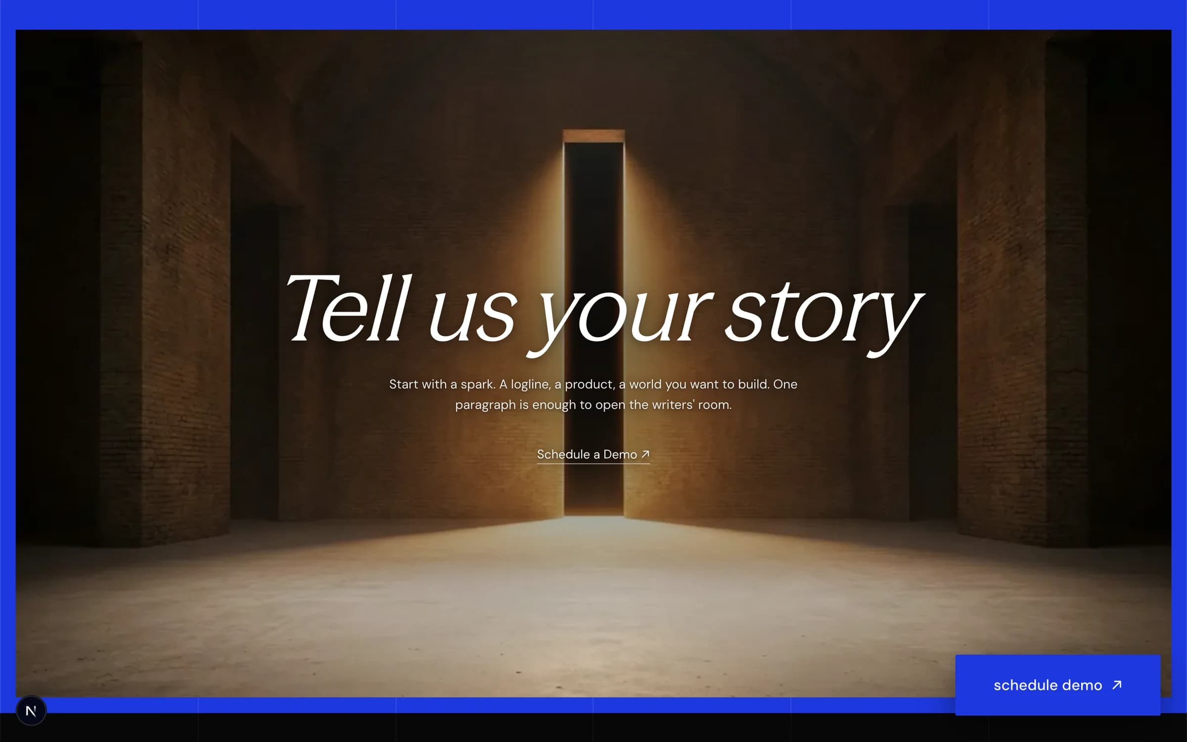 The same panel filling the frame, the line “Tell us your story” set across the lit doorway