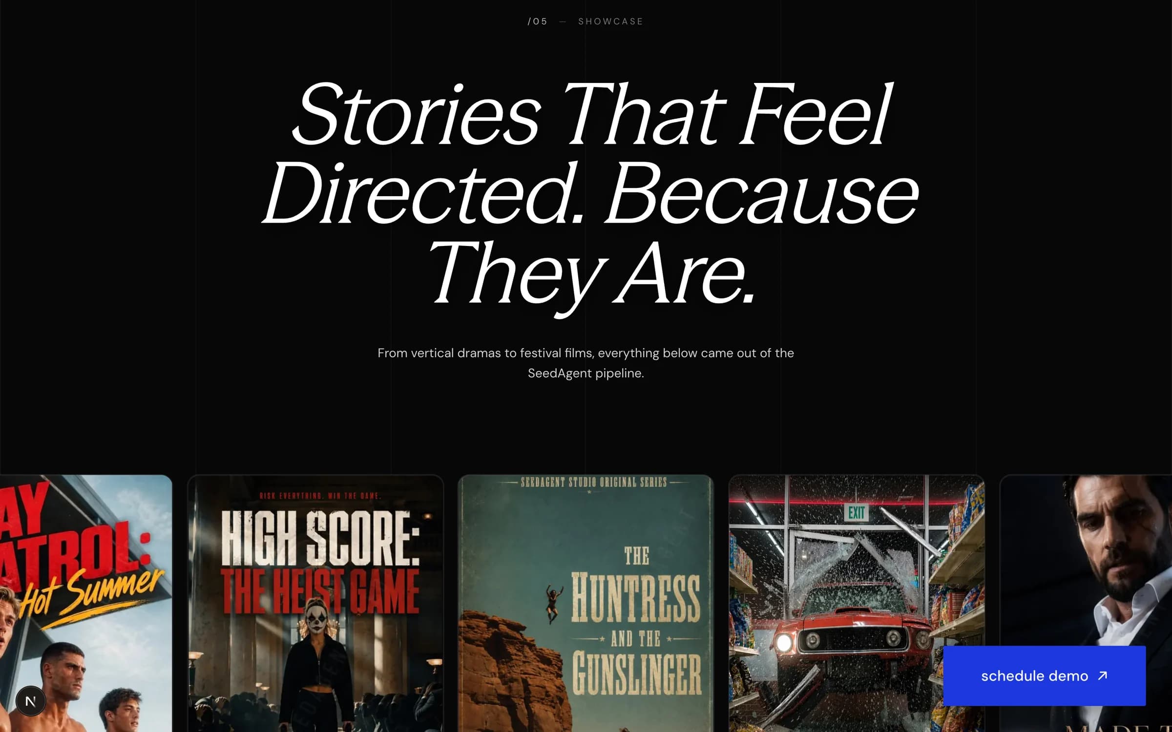 The /05 panel: the line “Stories That Feel Directed. Because They Are.” above a row of production posters