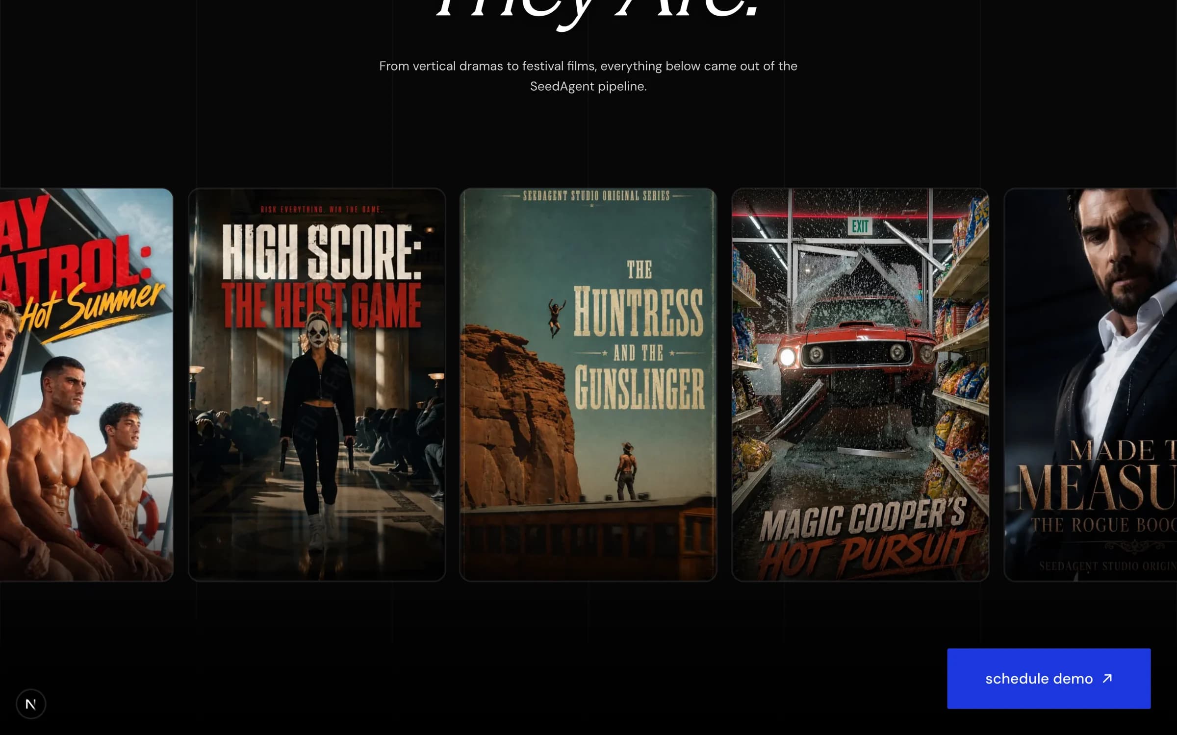 The poster row filling the frame, five production key arts side by side